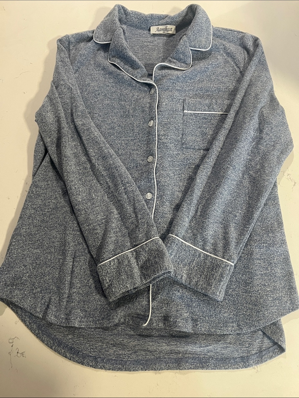Heathered Blue Long-Sleeve Pajama Set with White Piping